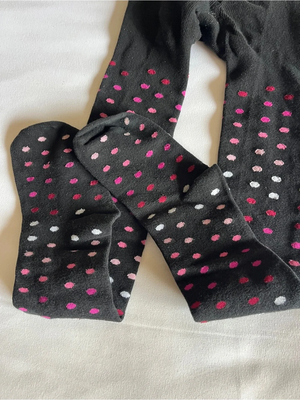 Black Pink Polka Dot Knit Tights Girls Size 12-14 Cotton Blend Stretch Stockings
